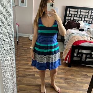 Ann Taylor LOFT blue & teal striped sleeveless a-line work dress- fits like 8/10